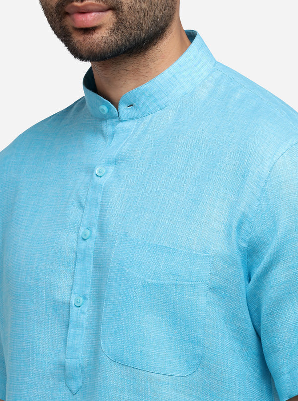 Teal Blue Self Textured Regular Fit Modi Kurta | JadeBlue