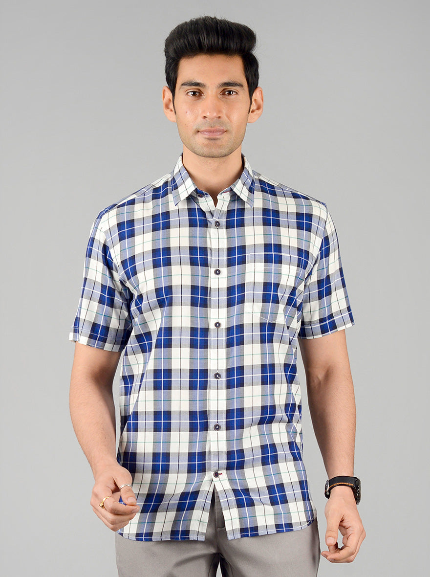 White & Blue Checked Slim Fit Casual Shirt | JB Sport