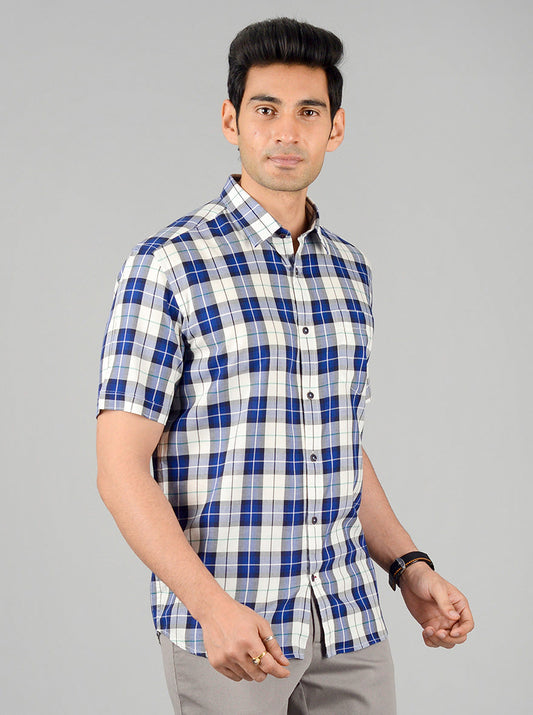 White & Blue Checked Slim Fit Casual Shirt | JB Sport