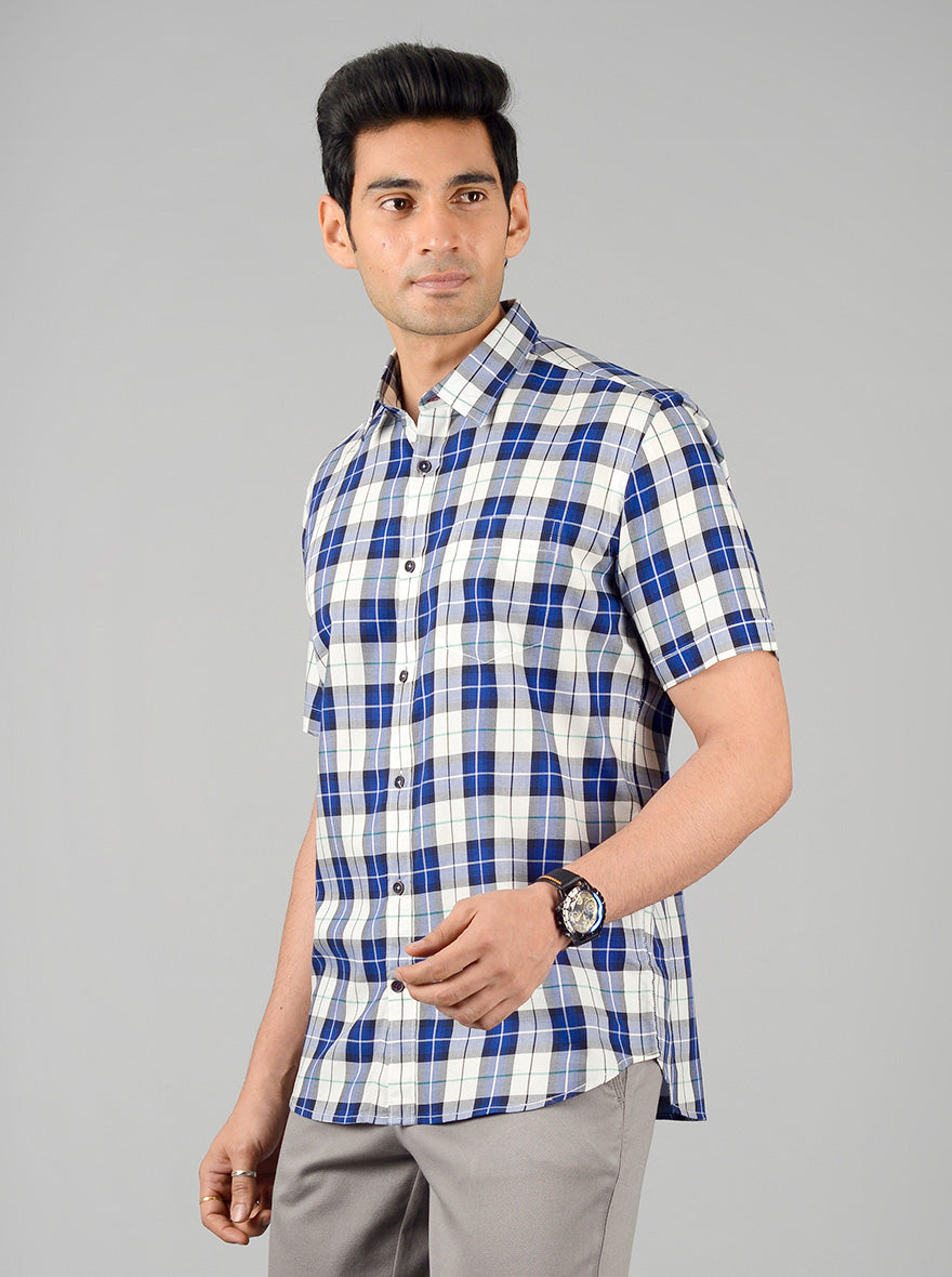 White & Blue Checked Slim Fit Casual Shirt | JB Sport