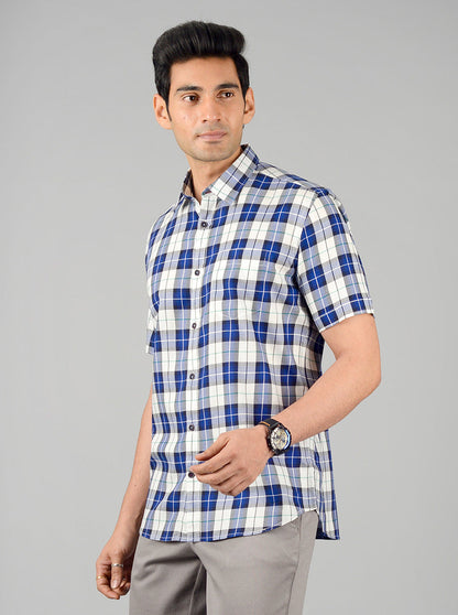 White & Blue Checked Slim Fit Casual Shirt | JB Sport