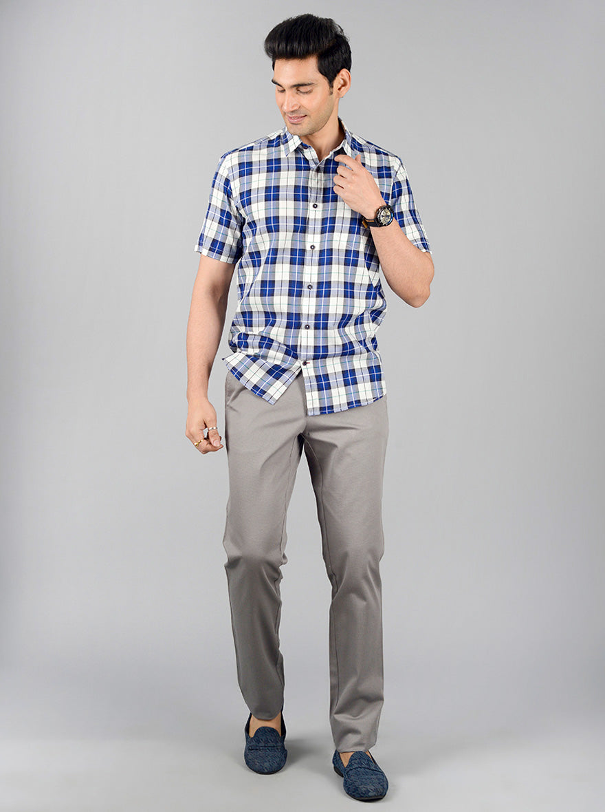 White & Blue Checked Slim Fit Casual Shirt | JB Sport