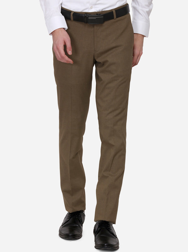 Brown Solid Slim Fit Formal Trouser | Greenfibre