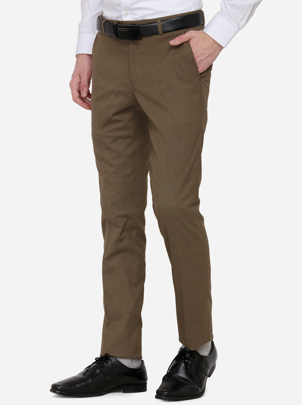Brown Solid Slim Fit Formal Trouser | Greenfibre
