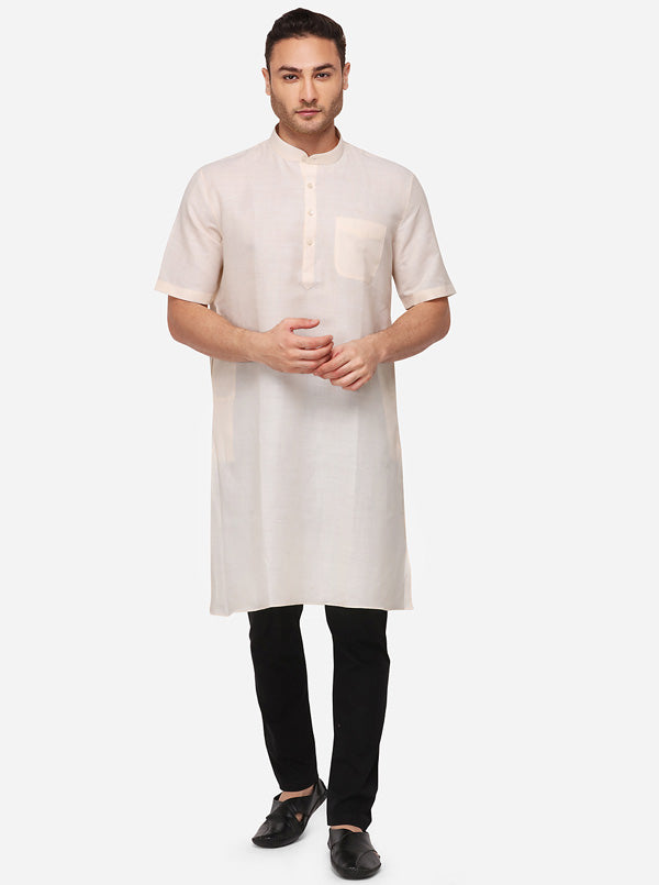 Beige Self Textured Regular Fit Modi Kurta | JadeBlue