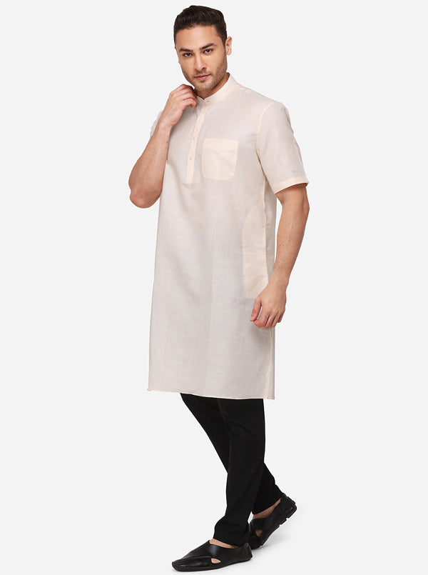 Beige Self Textured Regular Fit Modi Kurta | JadeBlue