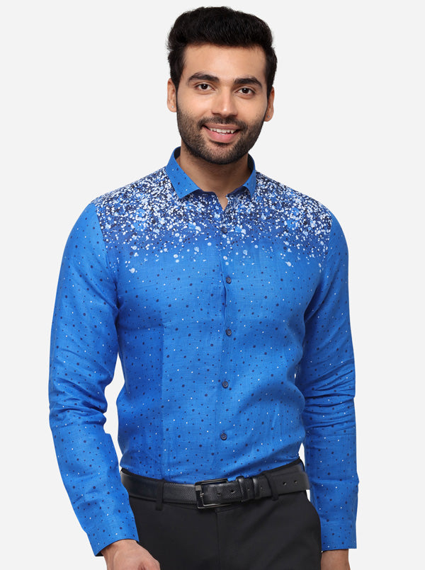 Blue Printed Slim Fit Party Wear Shirt | JB Studio