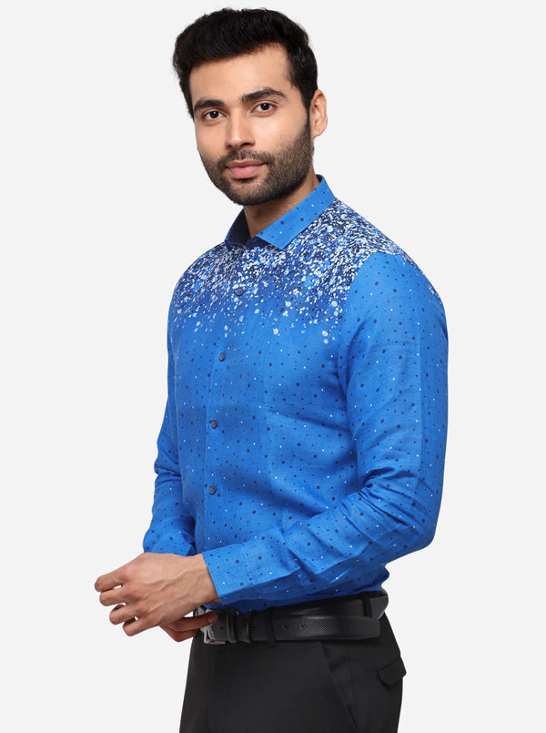 Blue Printed Slim Fit Party Wear Shirt | JB Studio