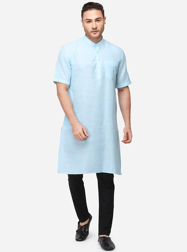 Sky Blue Self Textured Regular Fit Modi Kurta | JadeBlue