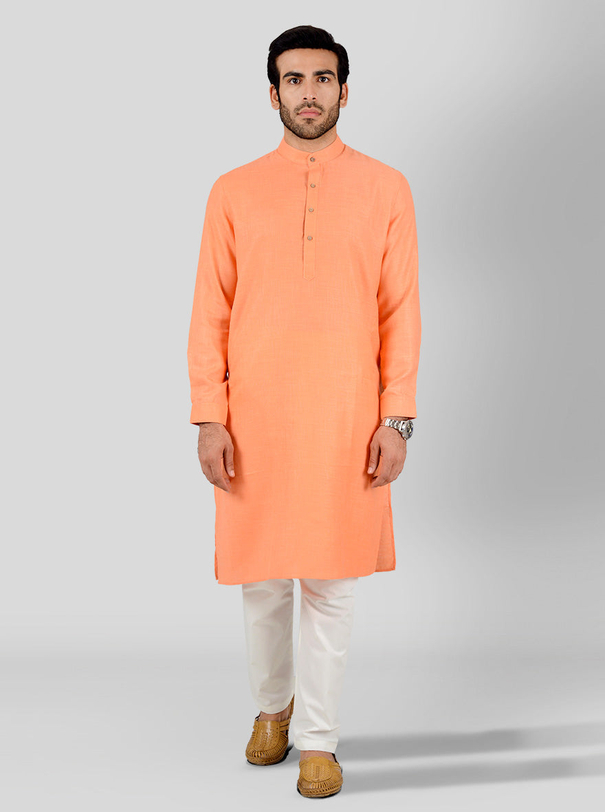 Orange Self Textured Regular Fit Modi Kurta | JadeBlue