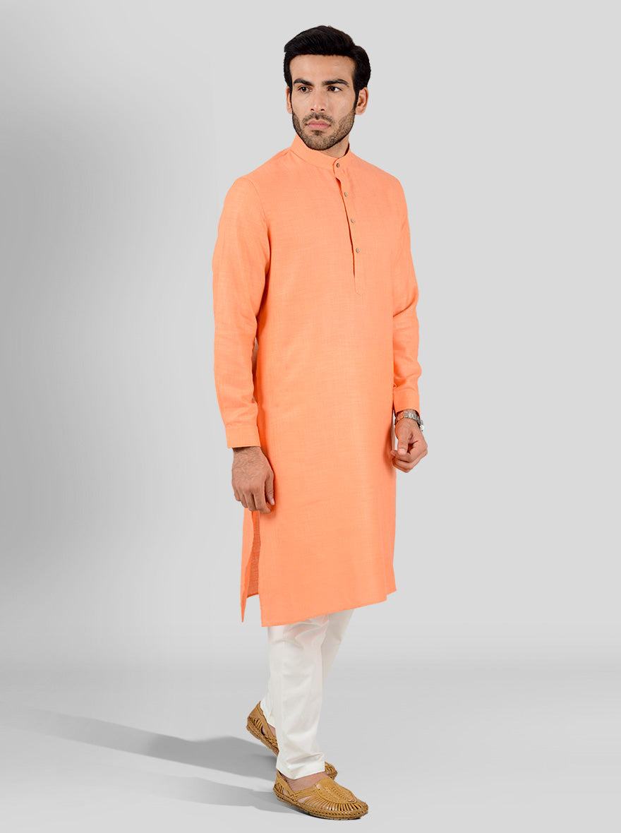 Orange Self Textured Regular Fit Modi Kurta | JadeBlue