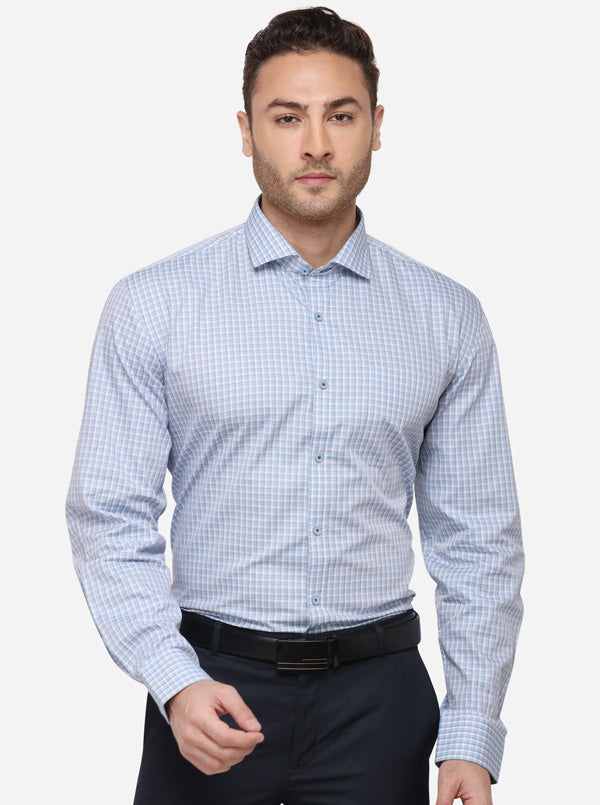 Blue & Grey Checked Regular Fit Formal Shirt | JadeBlue