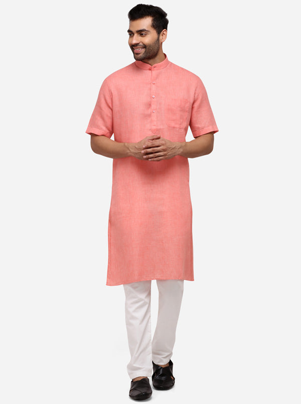 Light Pink Self Textured Regular Fit Modi Kurta | JadeBlue