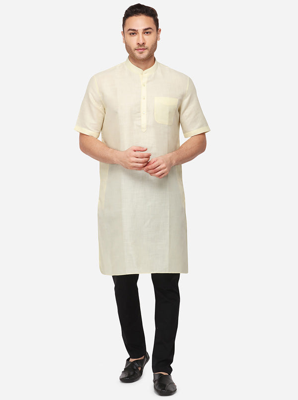 Light Yellow Self Textured Regular Fit Modi Kurta | JadeBlue