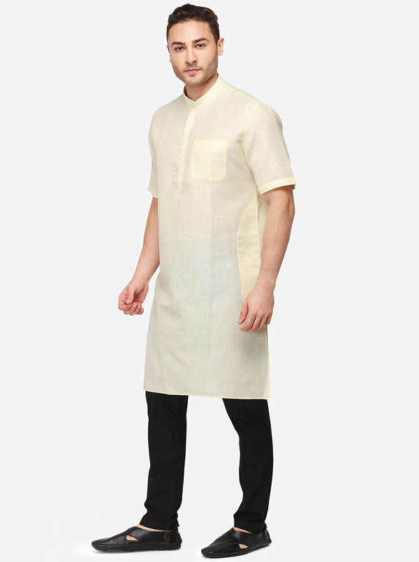 Light Yellow Self Textured Regular Fit Modi Kurta | JadeBlue