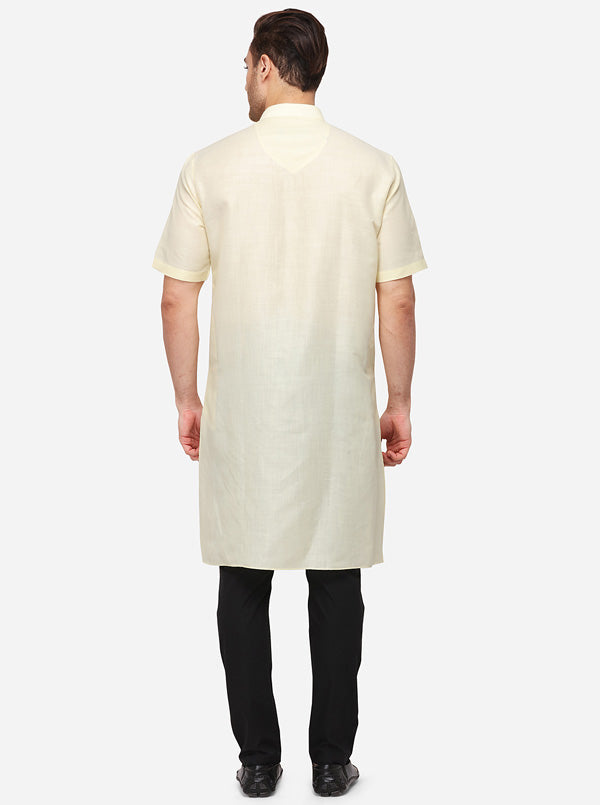 Light Yellow Self Textured Regular Fit Modi Kurta | JadeBlue