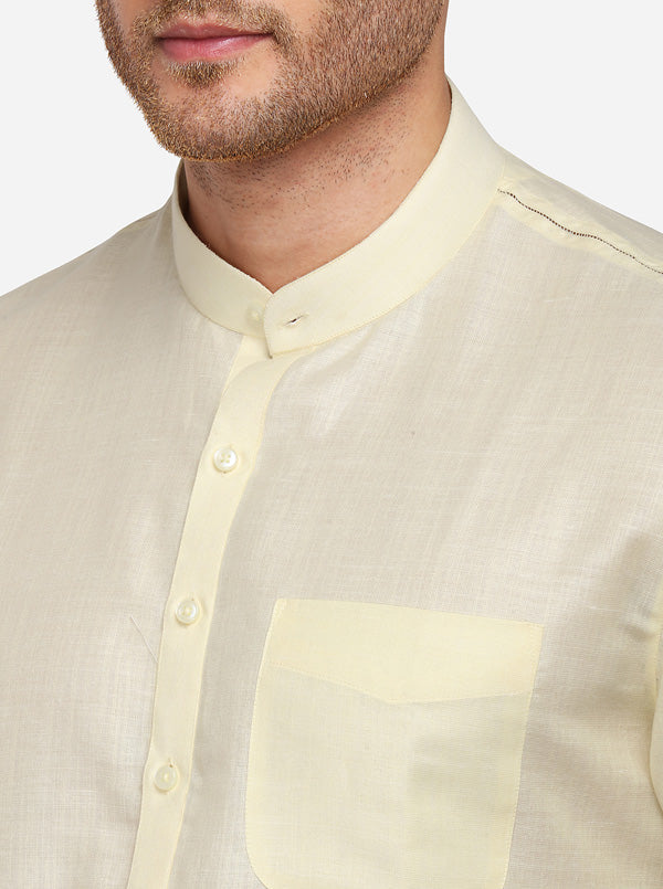Light Yellow Self Textured Regular Fit Modi Kurta | JadeBlue