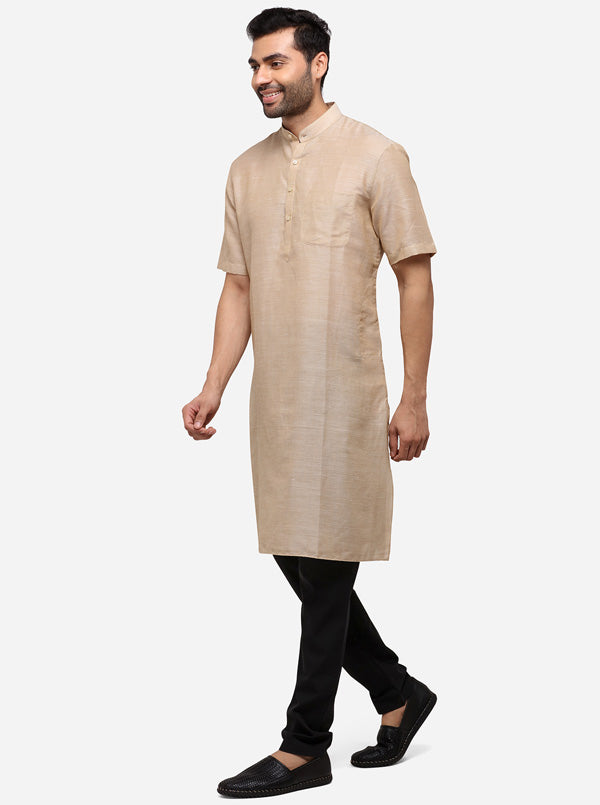 Dark Beige Self Textured Regular Fit Modi Kurta | JadeBlue