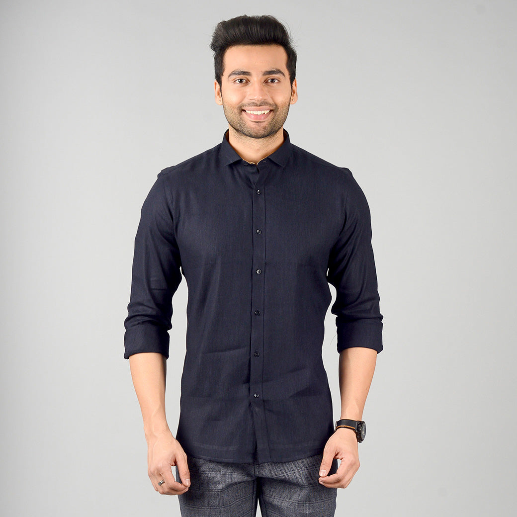 Navy Blue Solid Slim Fit Party Wear Shirt | JB Studio