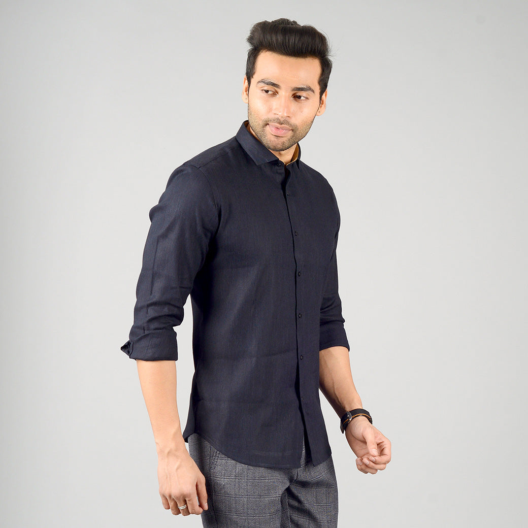 Navy Blue Solid Slim Fit Party Wear Shirt | JB Studio