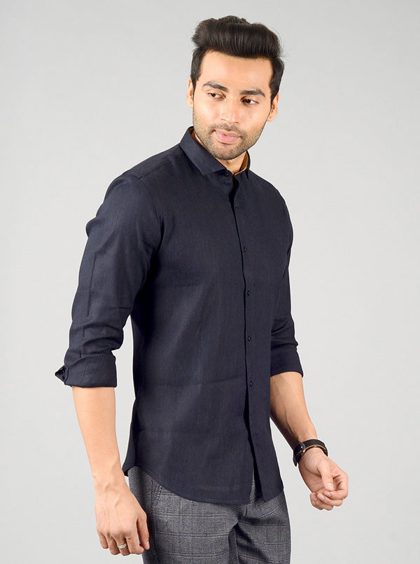 Navy Blue Solid Slim Fit Party Wear Shirt | JB Studio