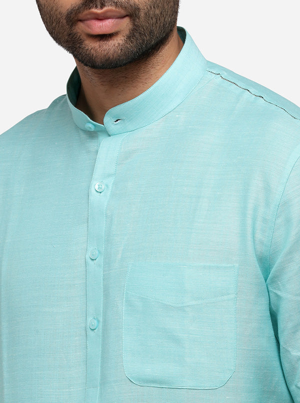 Aqua Blue Self Textured Regular Fit Modi Kurta | JadeBlue