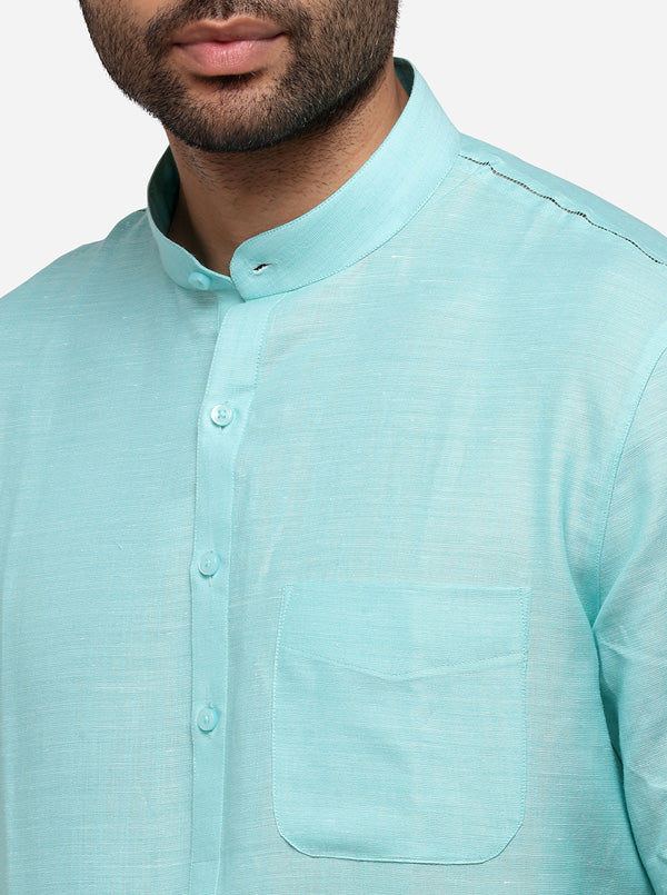 Aqua Blue Self Textured Regular Fit Modi Kurta | JadeBlue