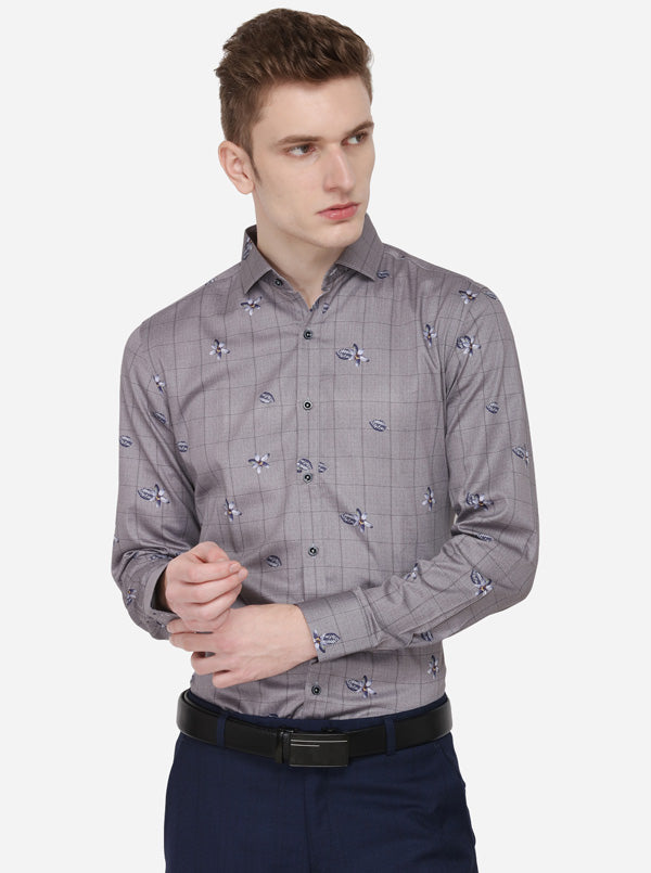 Grey & Blue Printed Slim Fit Party Wear Shirt | Wyre
