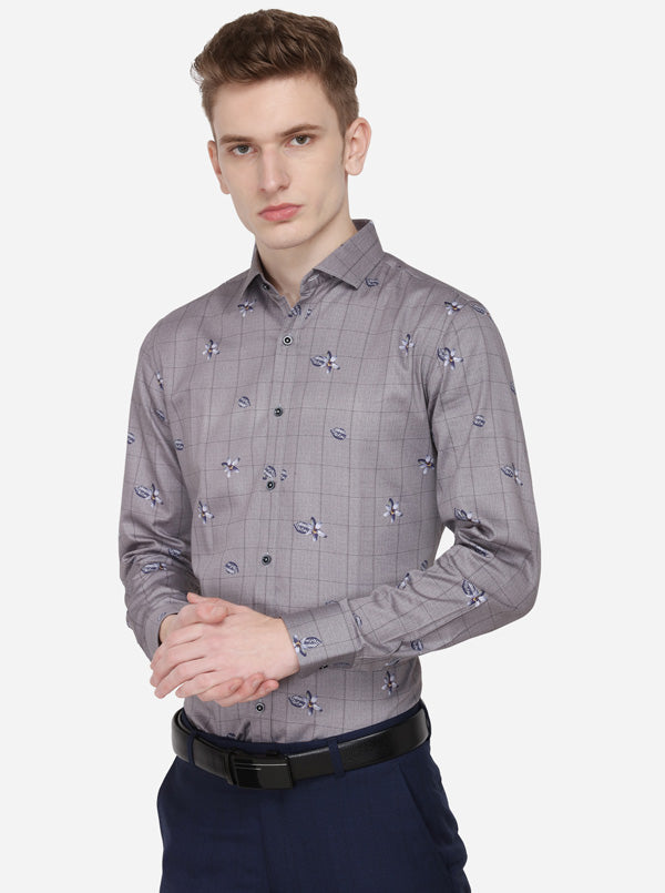 Grey & Blue Printed Slim Fit Party Wear Shirt | Wyre