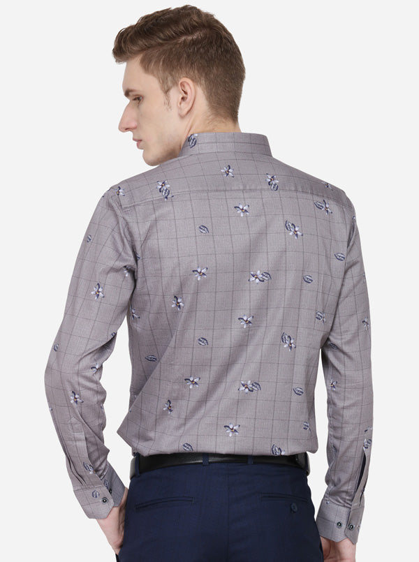 Grey & Blue Printed Slim Fit Party Wear Shirt | Wyre