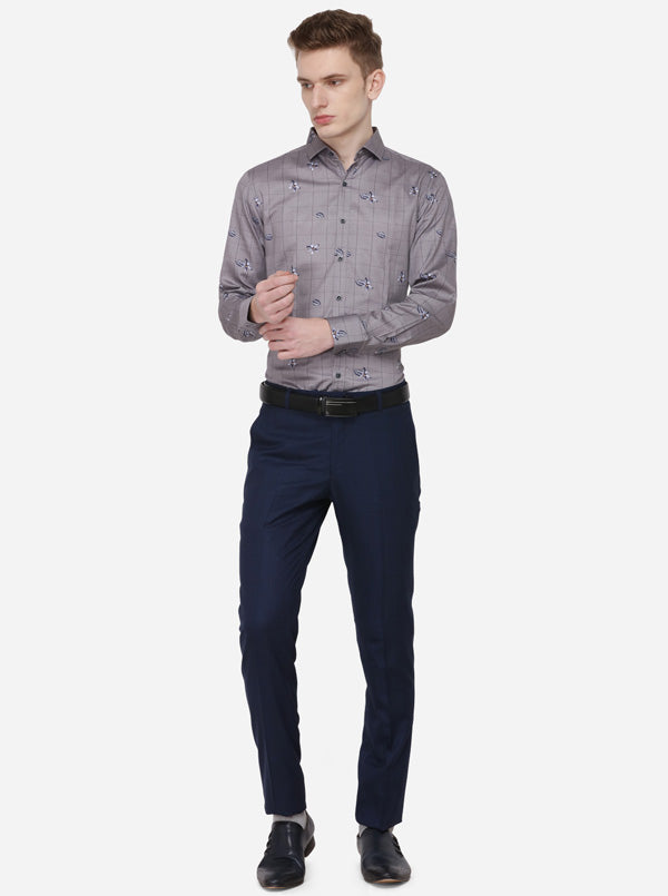 Grey & Blue Printed Slim Fit Party Wear Shirt | Wyre