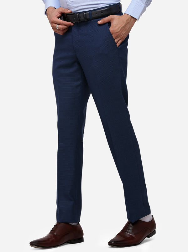 Navy Blue Slim Fit Solid Formal Trouser | Metal