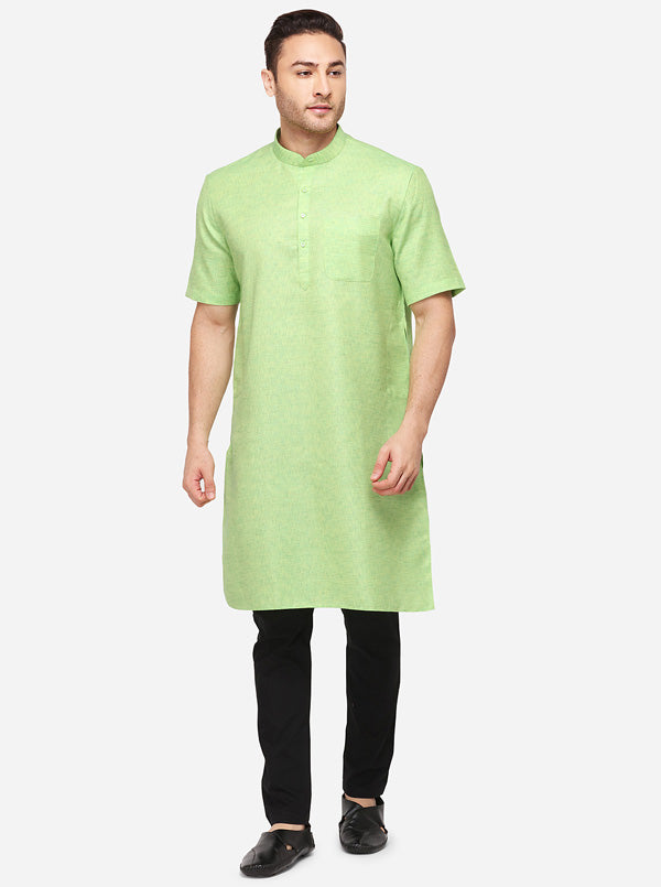 Light Green Self Textured Regular Fit Modi Kurta | JadeBlue