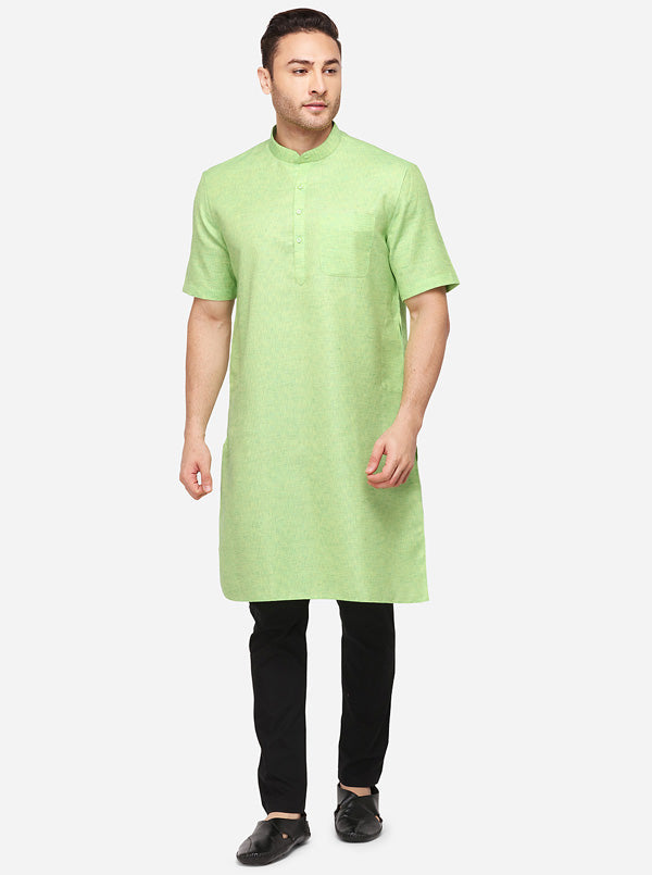 Light Green Self Textured Regular Fit Modi Kurta | JadeBlue