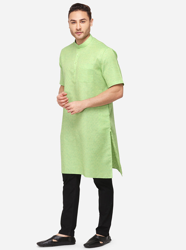 Light Green Self Textured Regular Fit Modi Kurta | JadeBlue