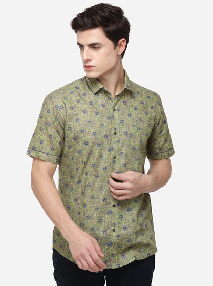 Green Printed Slim Fit Party Wear Shirt | JB Studio