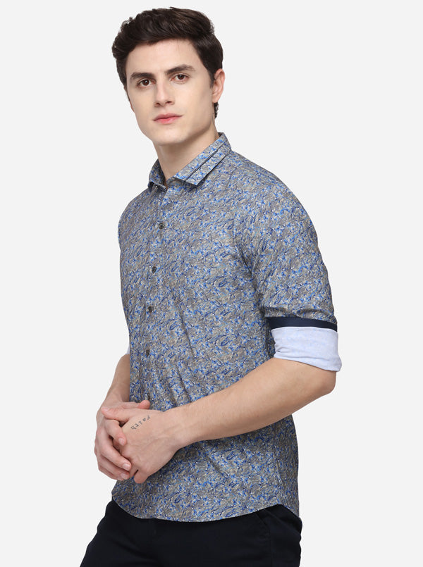 Blue & Khaki Printed Slim Fit Party Wear Shirt | JB Studio