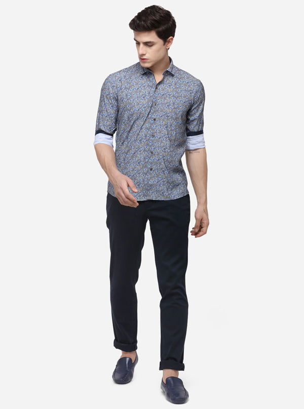 Blue & Khaki Printed Slim Fit Party Wear Shirt | JB Studio