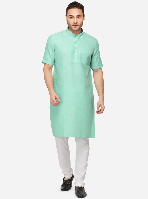 Light Green Self Textured Regular Fit Modi Kurta | JadeBlue