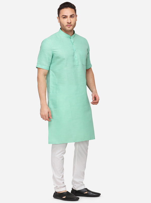 Light Green Self Textured Regular Fit Modi Kurta | JadeBlue