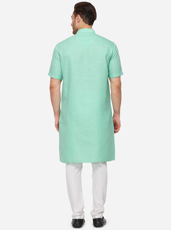 Light Green Self Textured Regular Fit Modi Kurta | JadeBlue