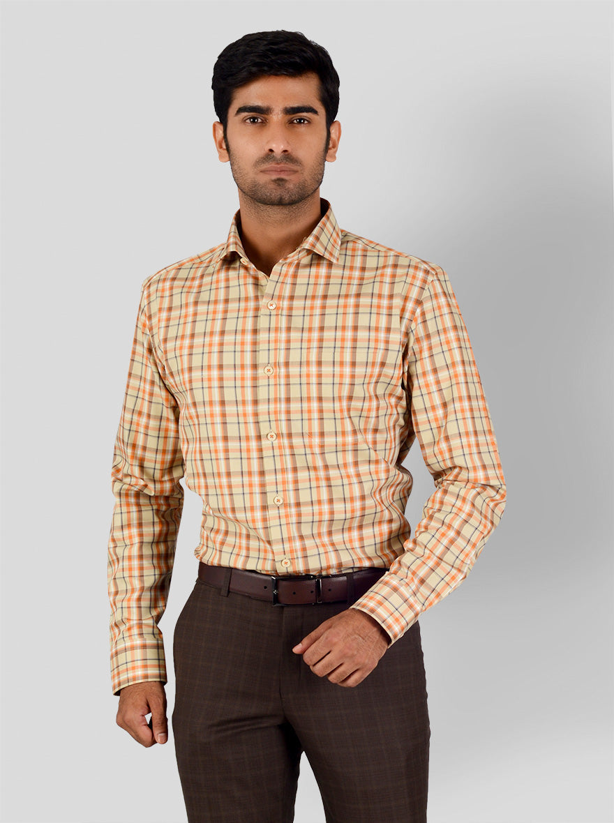 Beige & Orange Checked Slim Fit Formal Shirt | JadeBlue London Edition