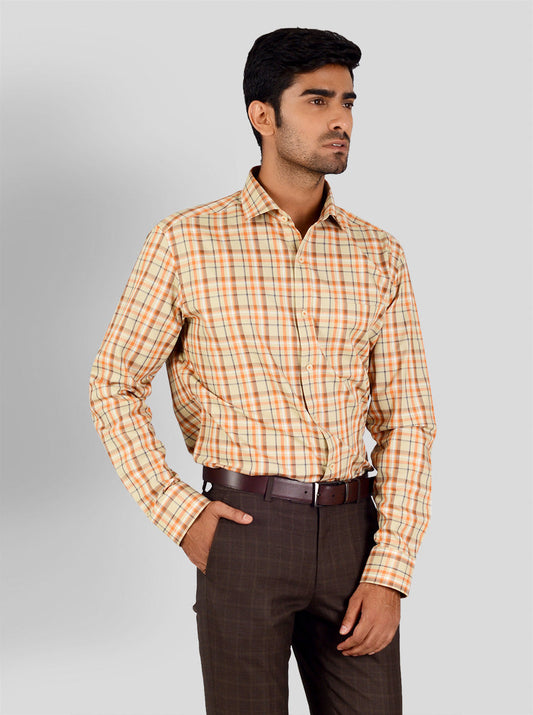 Beige & Orange Checked Slim Fit Formal Shirt | JadeBlue London Edition