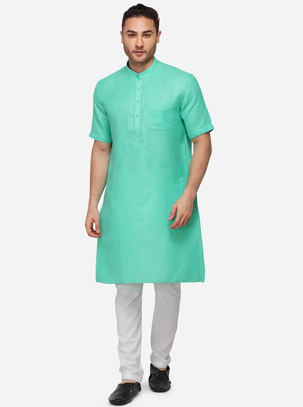 Turquoise Blue Self Textured Regular Fit Modi Kurta | JadeBlue