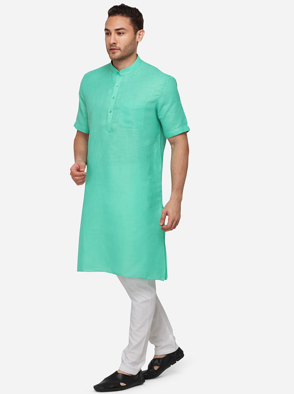 Turquoise Blue Self Textured Regular Fit Modi Kurta | JadeBlue