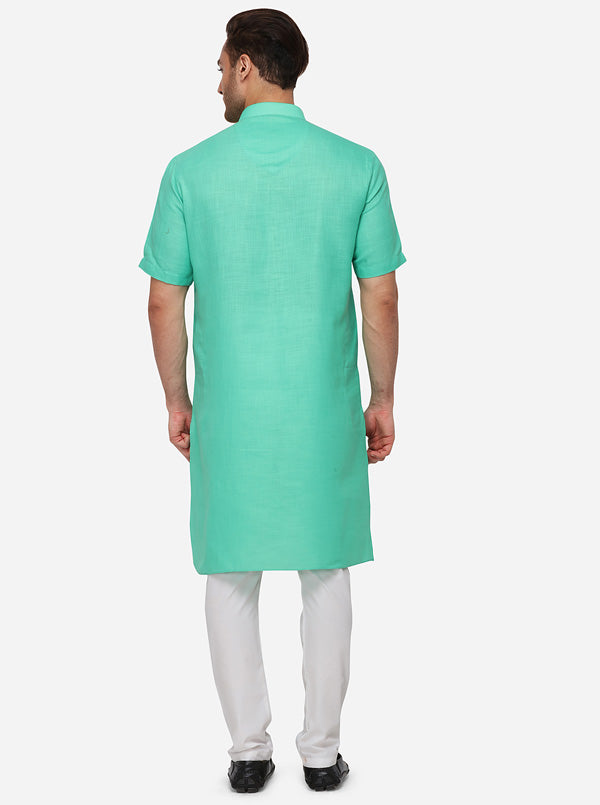 Turquoise Blue Self Textured Regular Fit Modi Kurta | JadeBlue