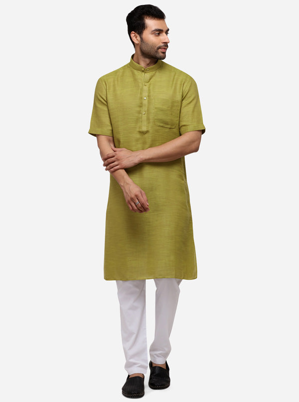 Olive Green Self Textured Regular Fit Modi Kurta | JadeBlue