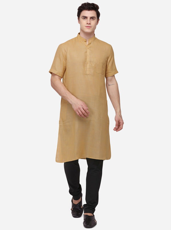Khaki Self Textured Regular Fit Modi Kurta | JadeBlue