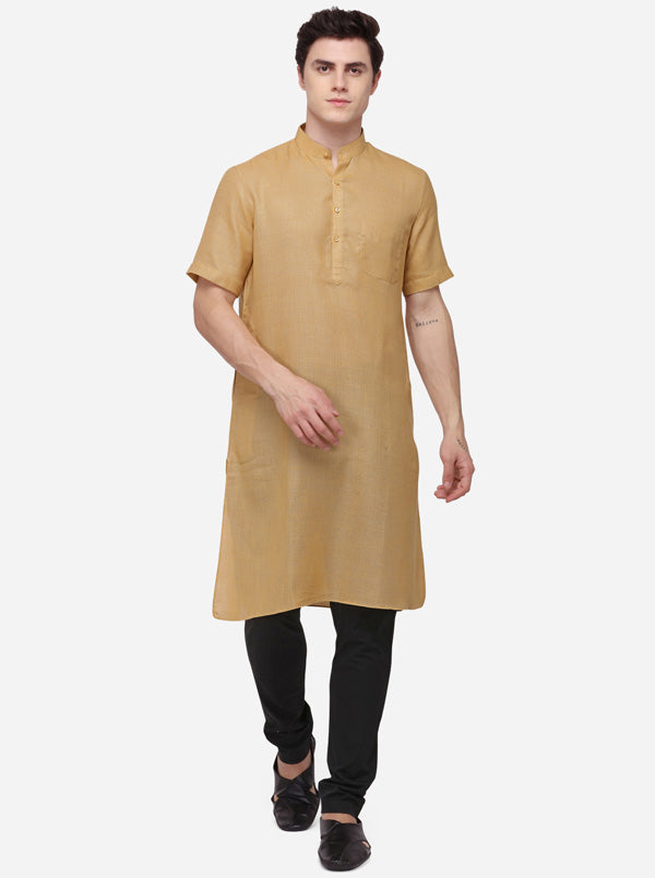 Khaki Self Textured Regular Fit Modi Kurta | JadeBlue