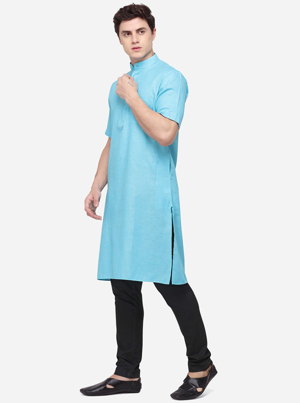 Teal Blue Self Textured Regular Fit Modi Kurta | JadeBlue